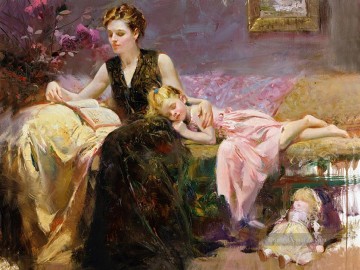 a woman and two children by a fountain Ölbilder verkaufen - PD 7 woman Impressionist